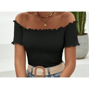 Black Off-Shoulder Ruffle Trim Ribbed Top